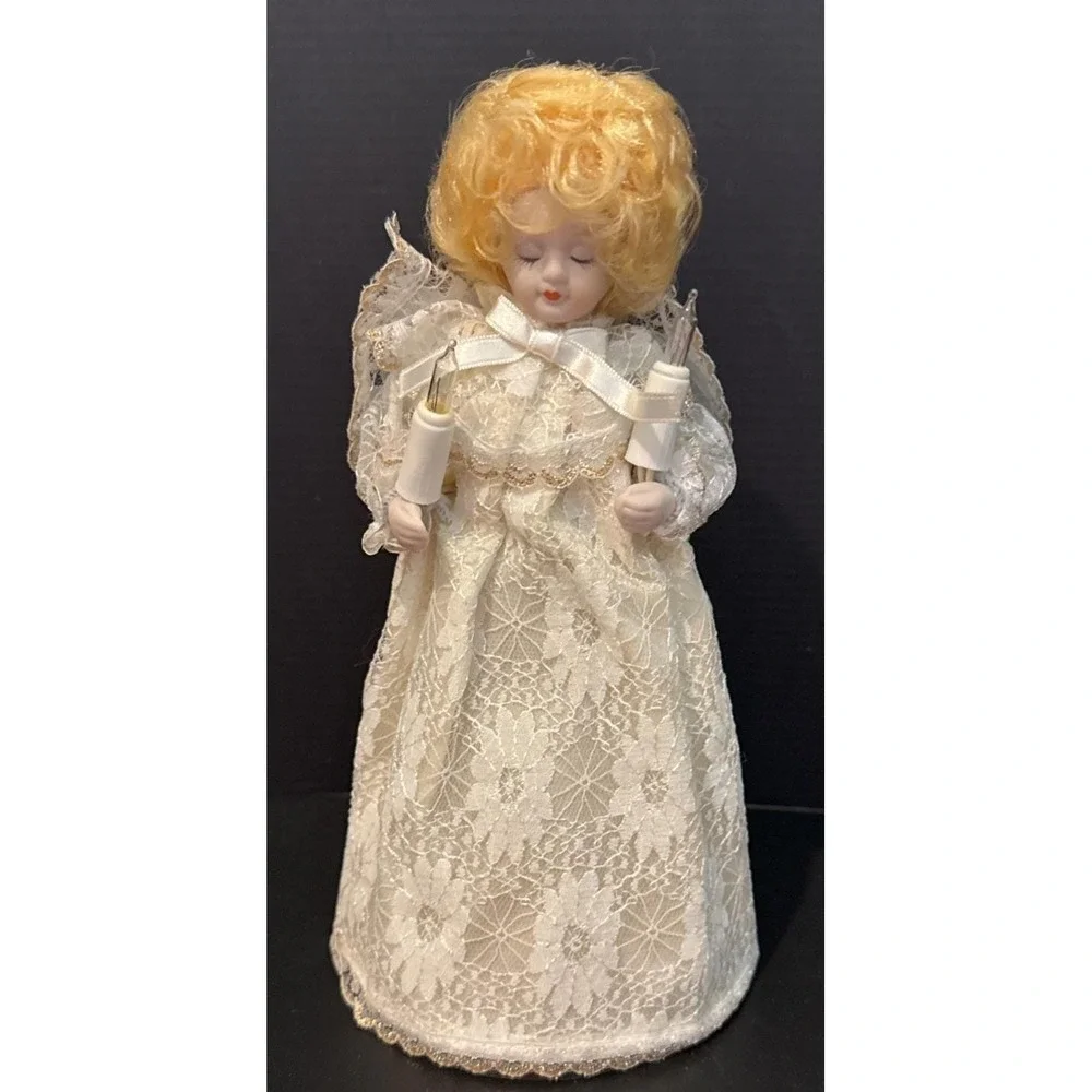 Vintage Angel Blond Hair Porcelain Christmas Holiday Tree Topper Lace Dress READ
